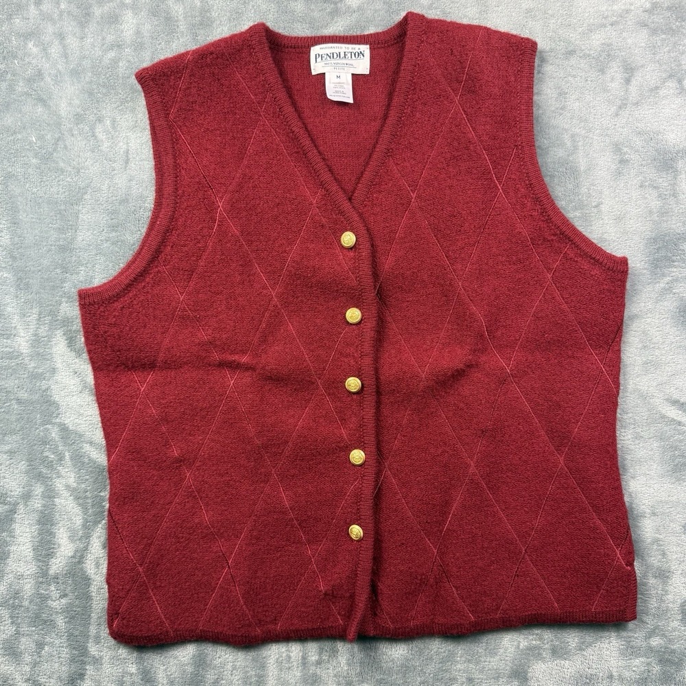Pendleton Women's Wool Argyle Sweater Vest Green Gold-tone Buttons Size PM